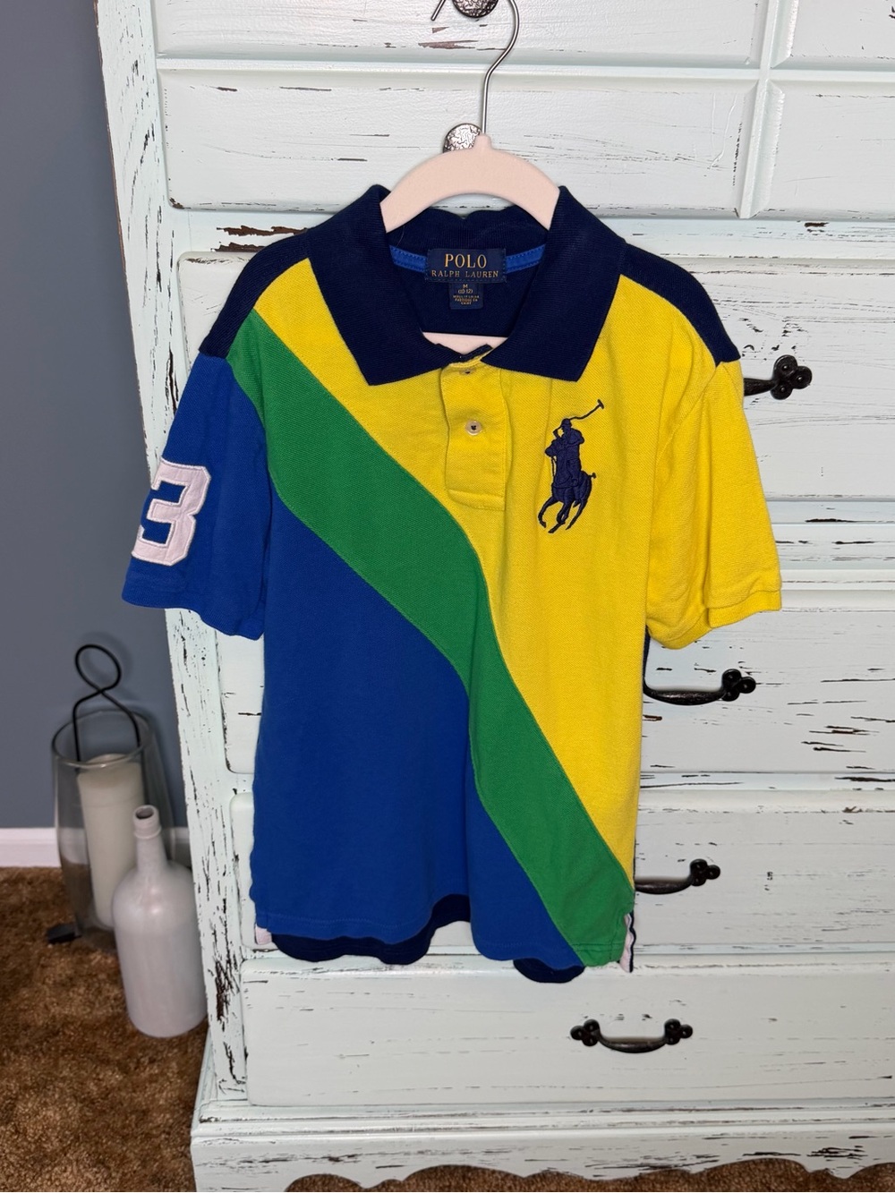 Polo by Ralph Lauren Blue, Yellow & Green Diagonal Colorblock Polo. Boys 10/12.